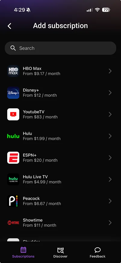 StreamWolf Add subscription screen listing streaming services with monthly prices