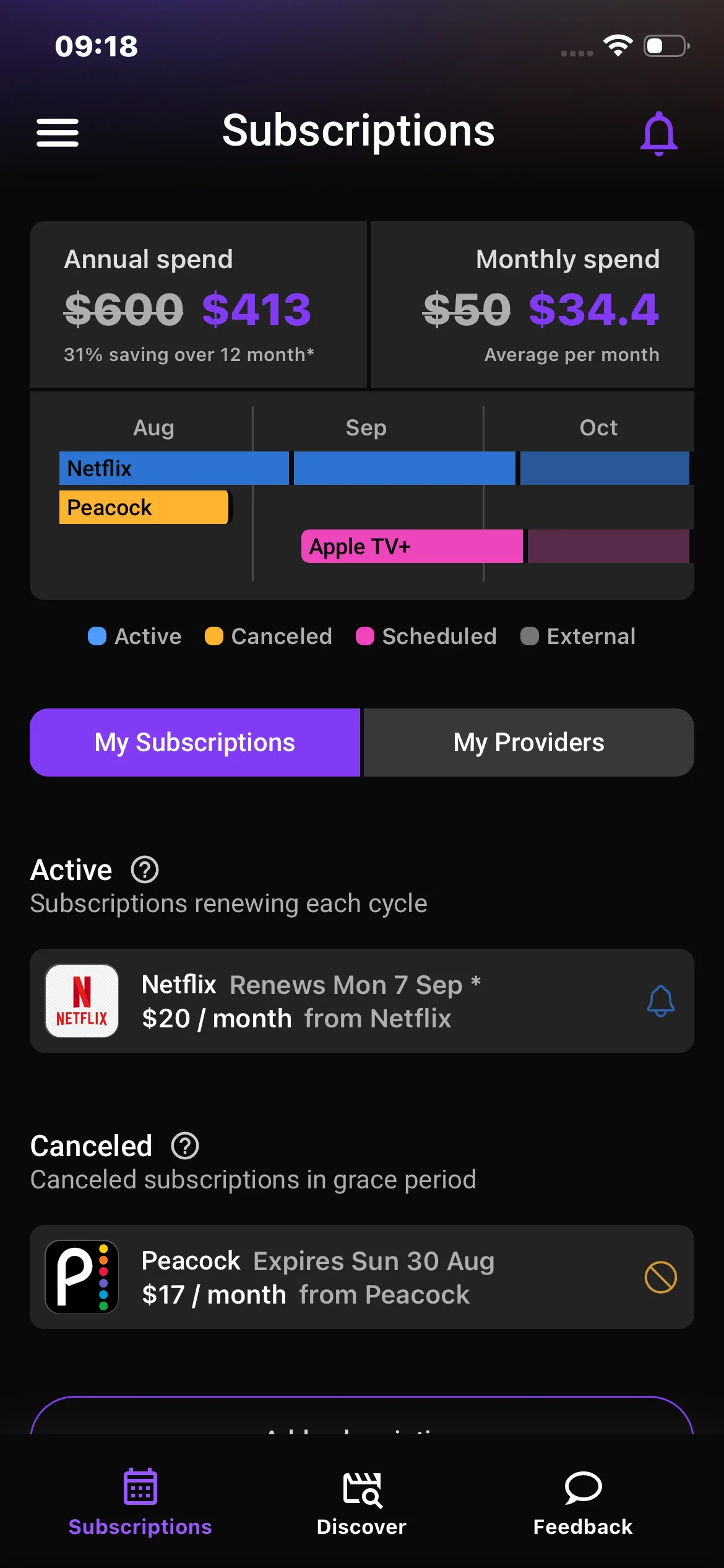 StreamWolf Smart Schedule showing subscriptions across the month