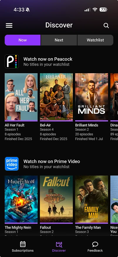 StreamWolf Discover screen showing what to watch on each streaming service
