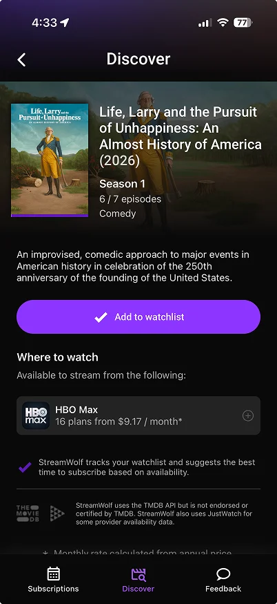 StreamWolf show page with where-to-watch availability and an add-to-watchlist button